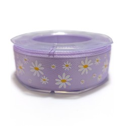 Lilac Satin Ribbon with Flowers 25 mm